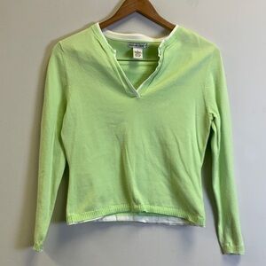 Jillian Jones Lime Green V-Neck Long Sleeve Knit Top with White Trim